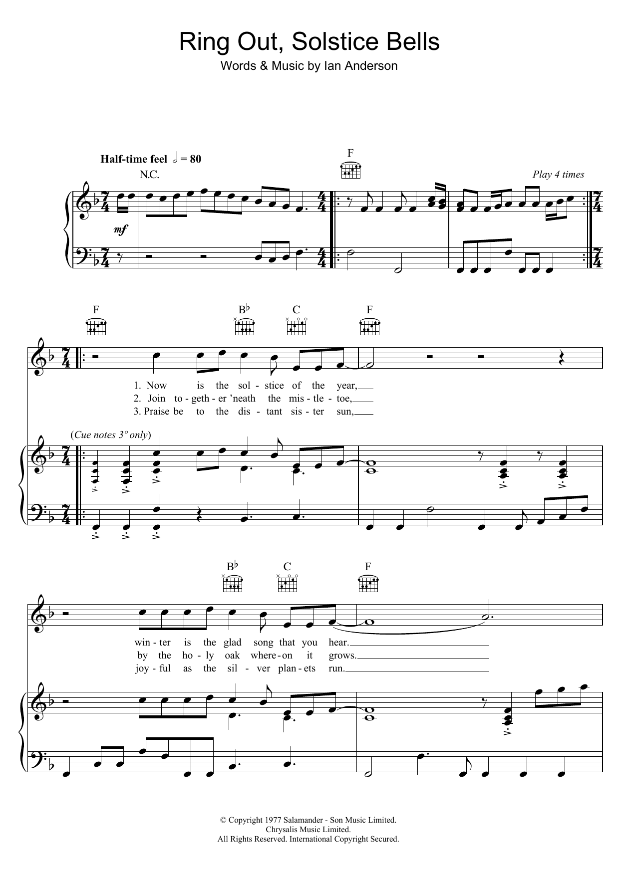 Jethro Tull Ring Out, Solstice Bells sheet music notes and chords arranged for Piano, Vocal & Guitar Chords