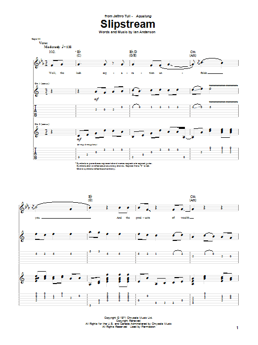 Jethro Tull Slipstream sheet music notes and chords arranged for Guitar Tab