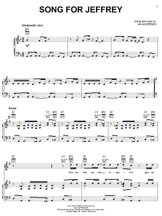 Jethro Tull Song For Jeffrey sheet music notes and chords arranged for Piano, Vocal & Guitar Chords (Right-Hand Melody)