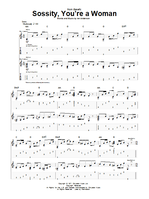 Jethro Tull Sossity, You're A Woman sheet music notes and chords arranged for Guitar Tab