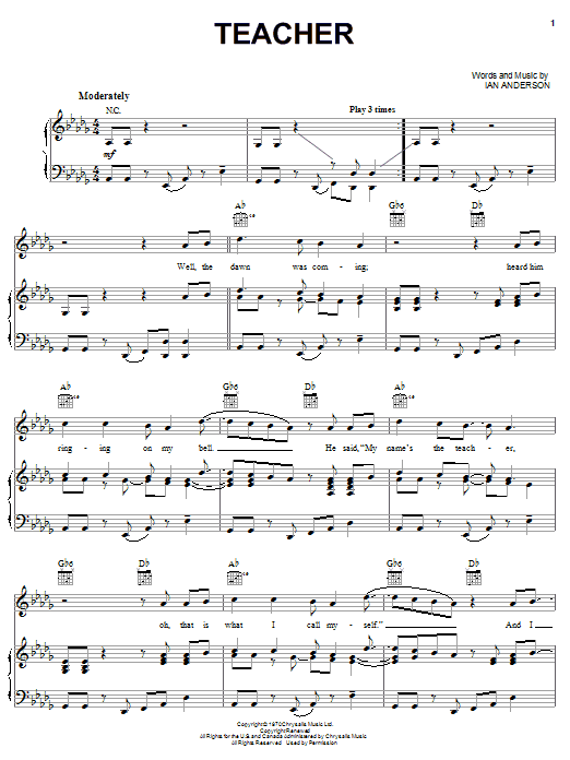 Jethro Tull Teacher sheet music notes and chords arranged for Piano, Vocal & Guitar Chords (Right-Hand Melody)