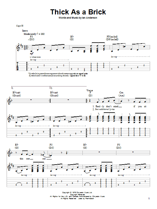 Jethro Tull Thick As A Brick sheet music notes and chords arranged for Guitar Tab (Single Guitar)