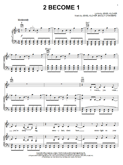 Jewel 2 Become 1 sheet music notes and chords arranged for Piano, Vocal & Guitar Chords (Right-Hand Melody)