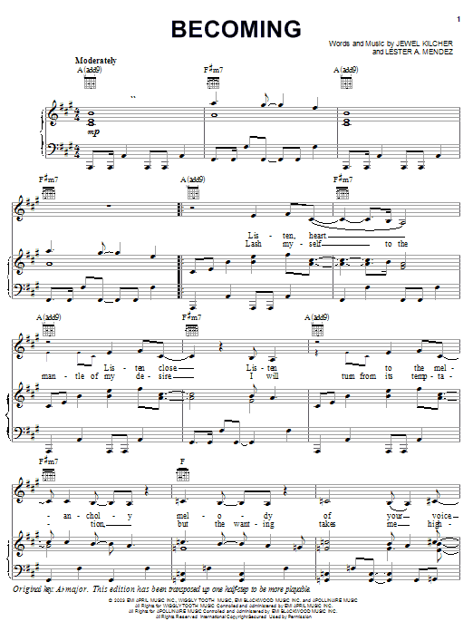 Jewel Becoming sheet music notes and chords arranged for Piano, Vocal & Guitar Chords (Right-Hand Melody)