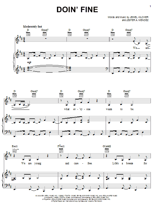 Jewel Doin' Fine sheet music notes and chords arranged for Piano, Vocal & Guitar Chords (Right-Hand Melody)