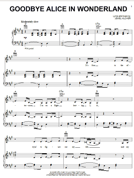 Jewel Goodbye Alice In Wonderland sheet music notes and chords arranged for Piano, Vocal & Guitar Chords (Right-Hand Melody)