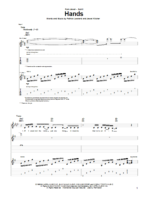 Jewel Hands sheet music notes and chords arranged for Guitar Chords/Lyrics