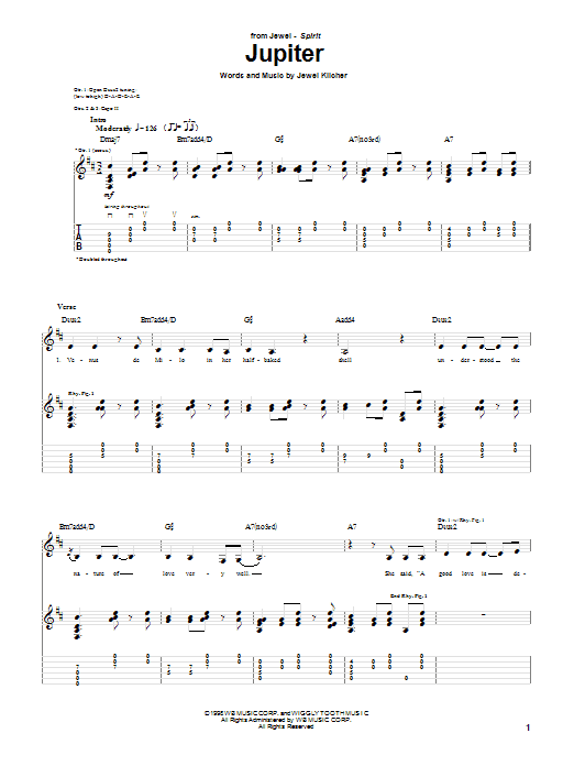 Jewel Jupiter sheet music notes and chords arranged for Guitar Tab