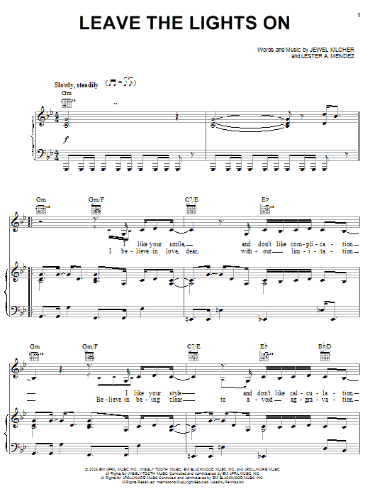 Jewel Leave The Lights On sheet music notes and chords arranged for Piano, Vocal & Guitar Chords (Right-Hand Melody)