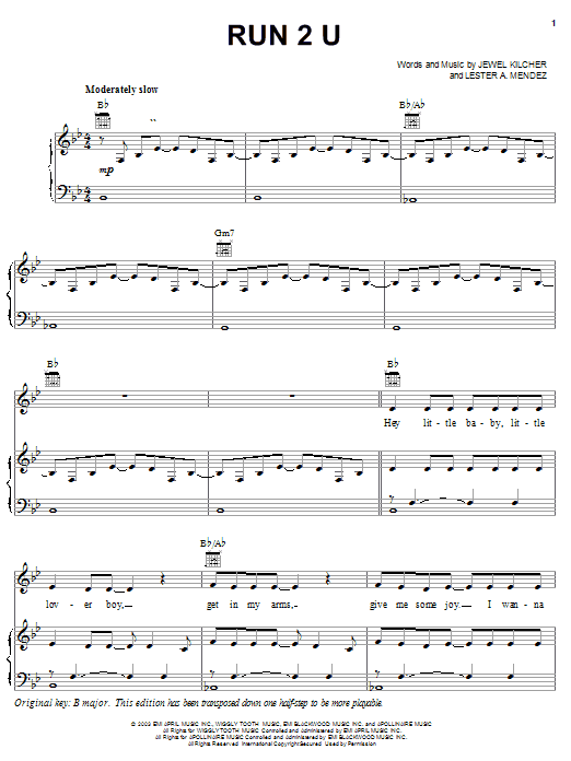 Jewel Run 2 U sheet music notes and chords arranged for Piano, Vocal & Guitar Chords (Right-Hand Melody)