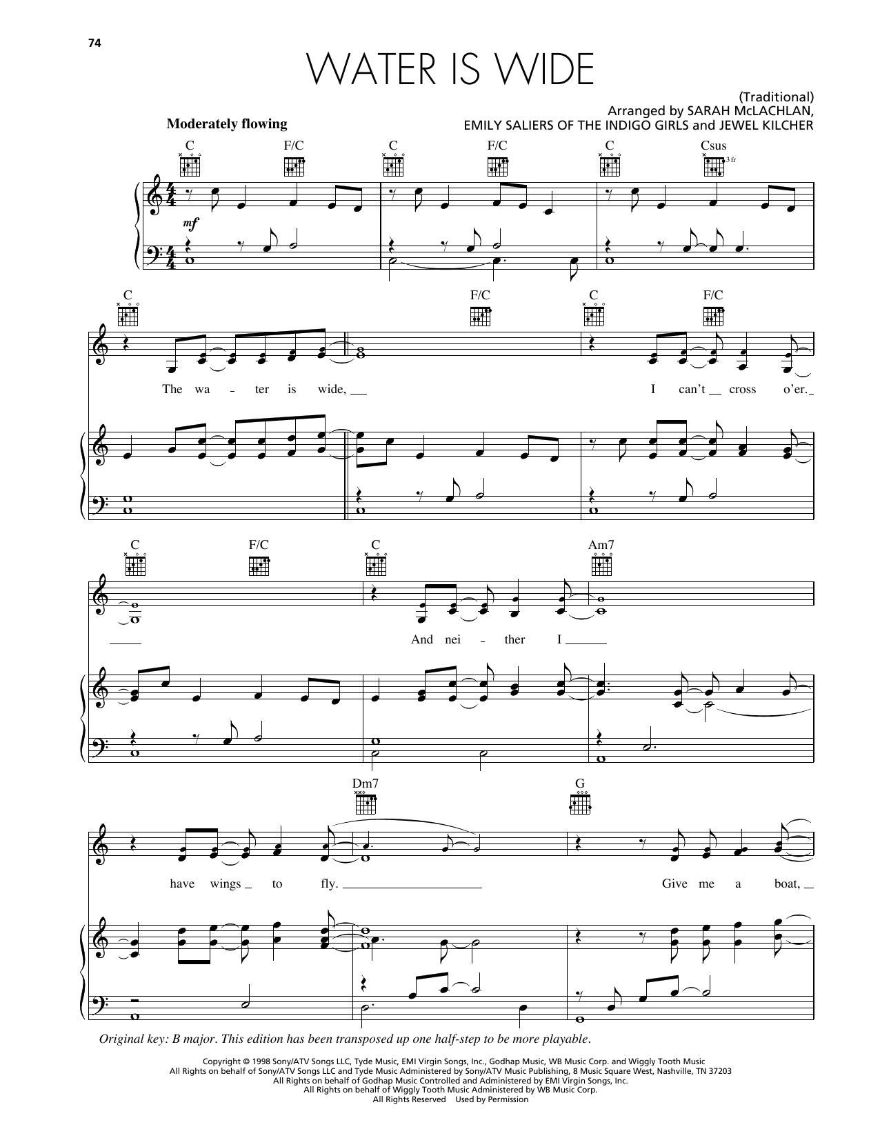Jewel, Sarah McLachlan, & Indigo Girls Water Is Wide sheet music notes and chords arranged for Piano, Vocal & Guitar Chords (Right-Hand Melody)