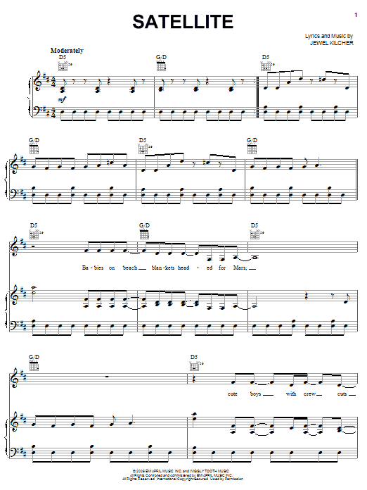 Jewel Satellite sheet music notes and chords arranged for Piano, Vocal & Guitar Chords (Right-Hand Melody)