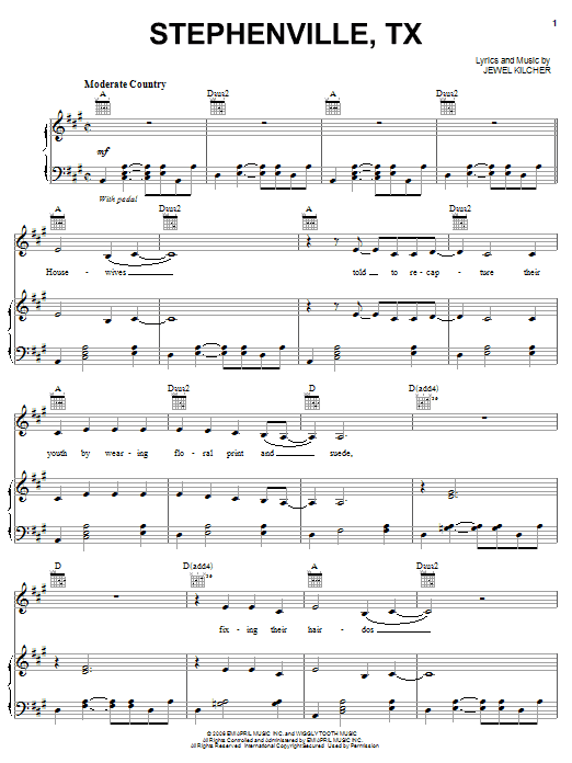Jewel Stephenville, TX sheet music notes and chords arranged for Piano, Vocal & Guitar Chords (Right-Hand Melody)