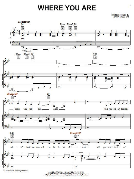 Jewel Where You Are sheet music notes and chords arranged for Piano, Vocal & Guitar Chords (Right-Hand Melody)