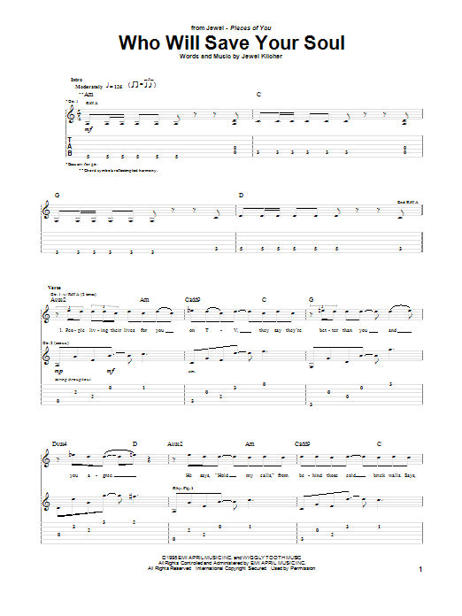 Jewel Who Will Save Your Soul sheet music notes and chords arranged for Easy Guitar