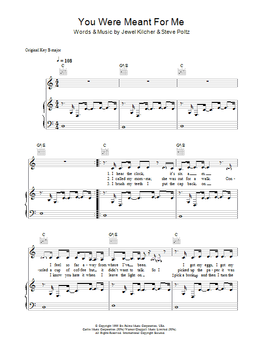 Jewel You Were Meant For Me sheet music notes and chords arranged for Really Easy Guitar