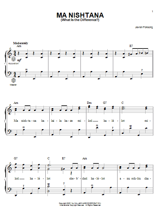 Jewish Folksong Ma Nishtana (What Is The Difference?) sheet music notes and chords arranged for Accordion