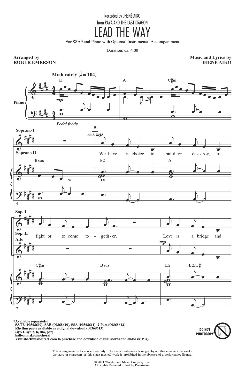 Jhené Aiko Lead The Way (from Raya And The Last Dragon) (arr. Roger Emerson) sheet music notes and chords arranged for SSA Choir