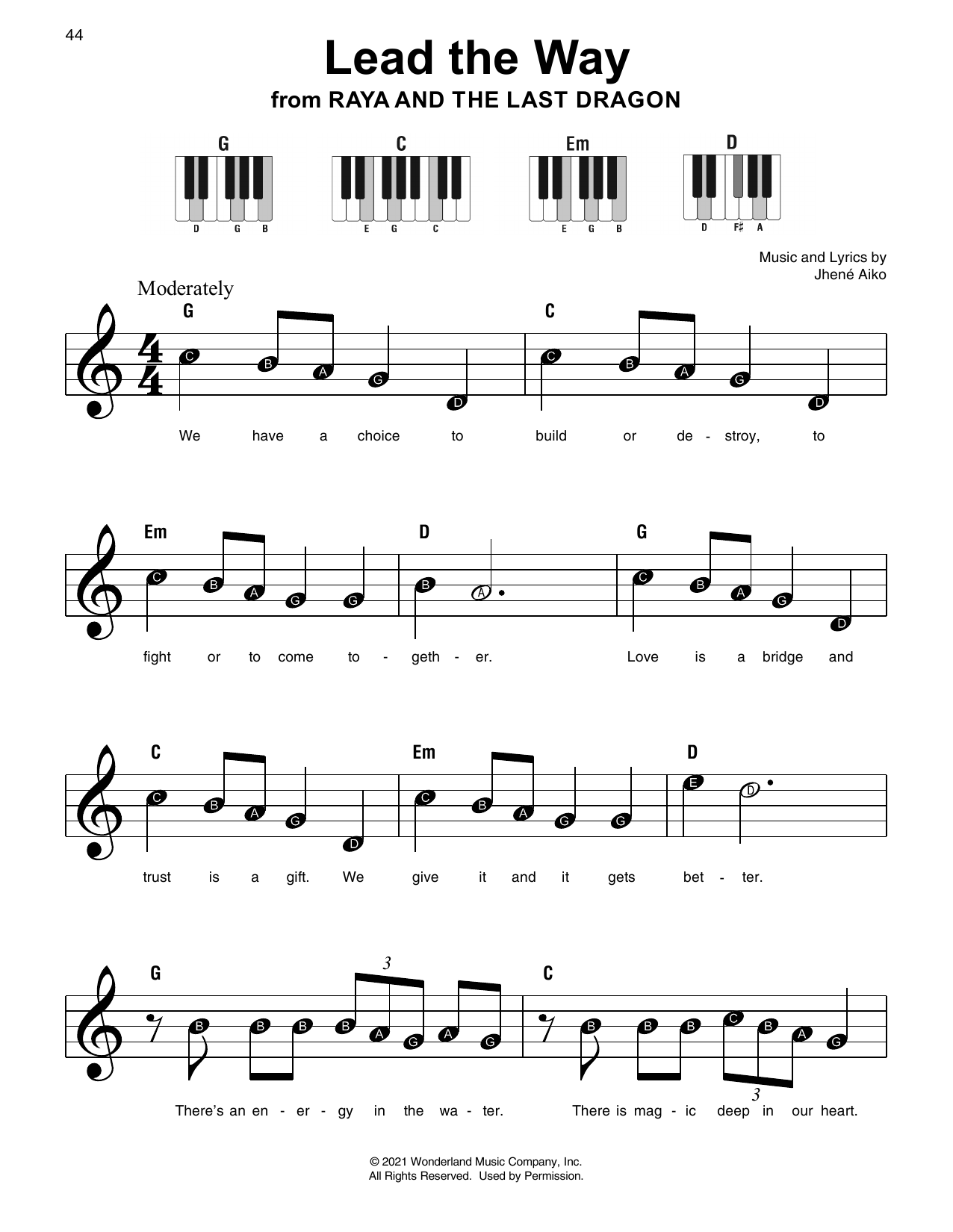 Jhene Aiko Lead The Way (from Raya And The Last Dragon) sheet music notes and chords arranged for Super Easy Piano
