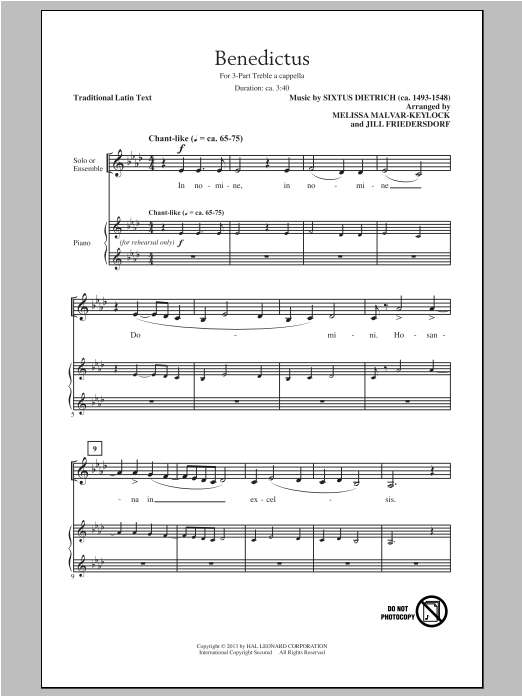 Jill Friedersdorf and Melissa Malvar-Keylock Benedictus sheet music notes and chords arranged for 3-Part Treble Choir