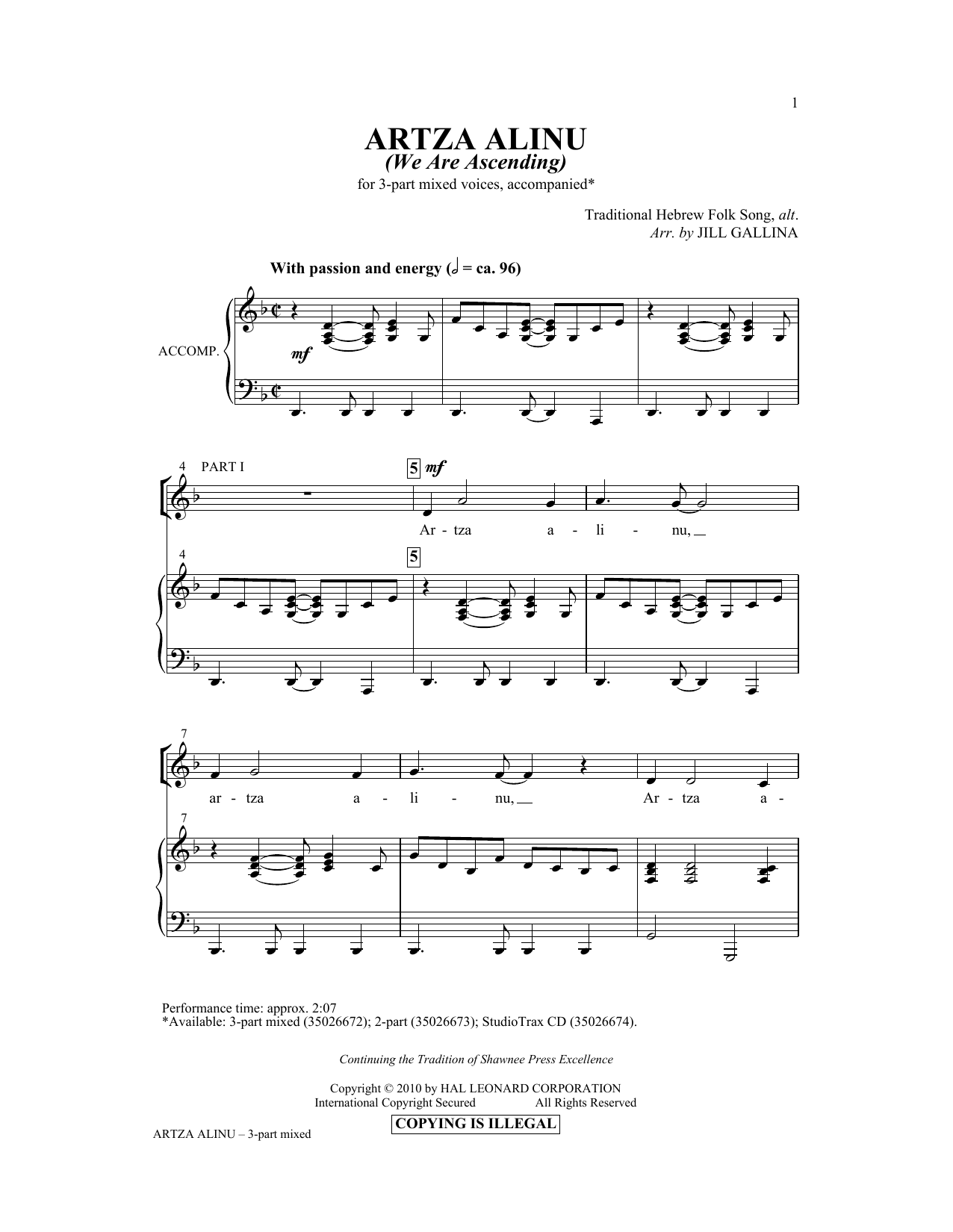 Jill Gallina Artza Alinu sheet music notes and chords arranged for 3-Part Mixed Choir