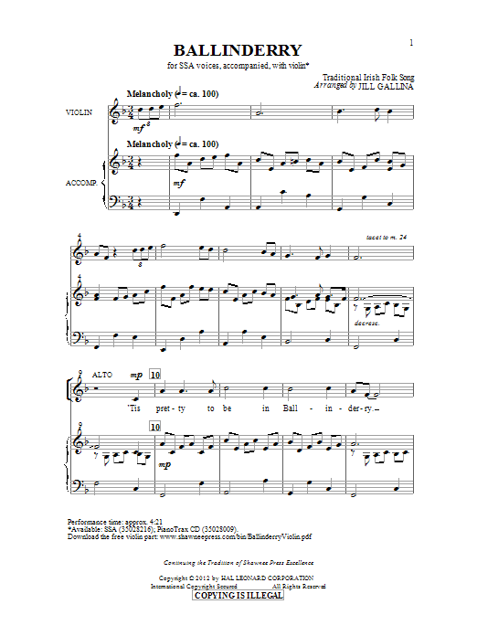 Jill Gallina Ballinderry sheet music notes and chords arranged for SSA Choir