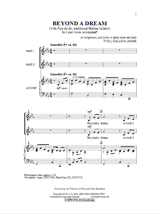 Jill Gallina Beyond A Dream sheet music notes and chords arranged for 2-Part Choir