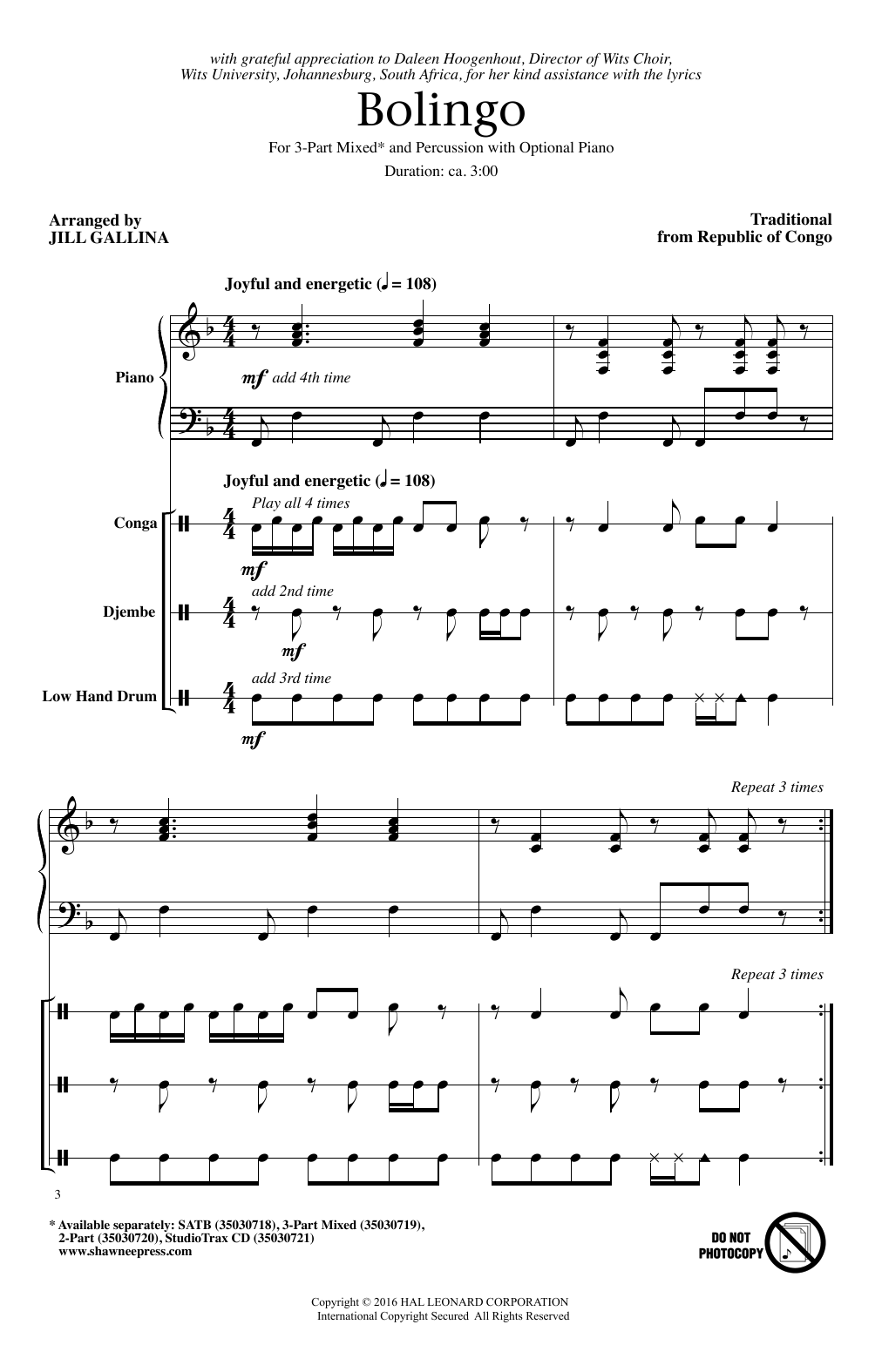Jill Gallina Bolingo sheet music notes and chords arranged for 2-Part Choir
