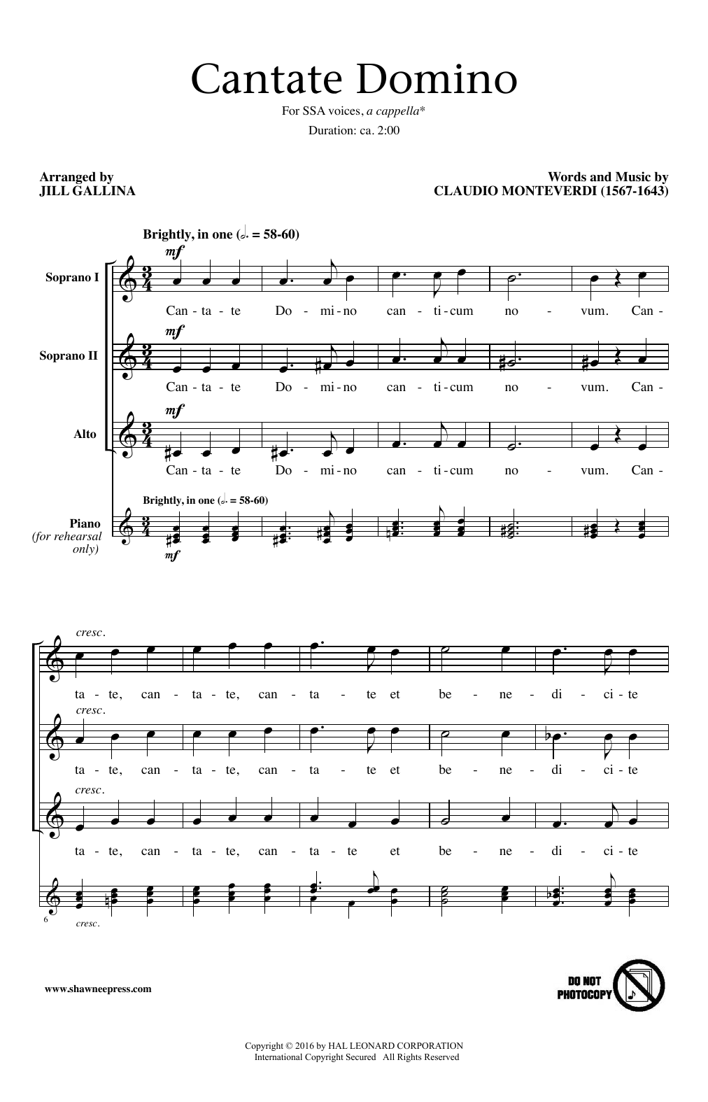 Jill Gallina Cantate Domino sheet music notes and chords arranged for SSA Choir