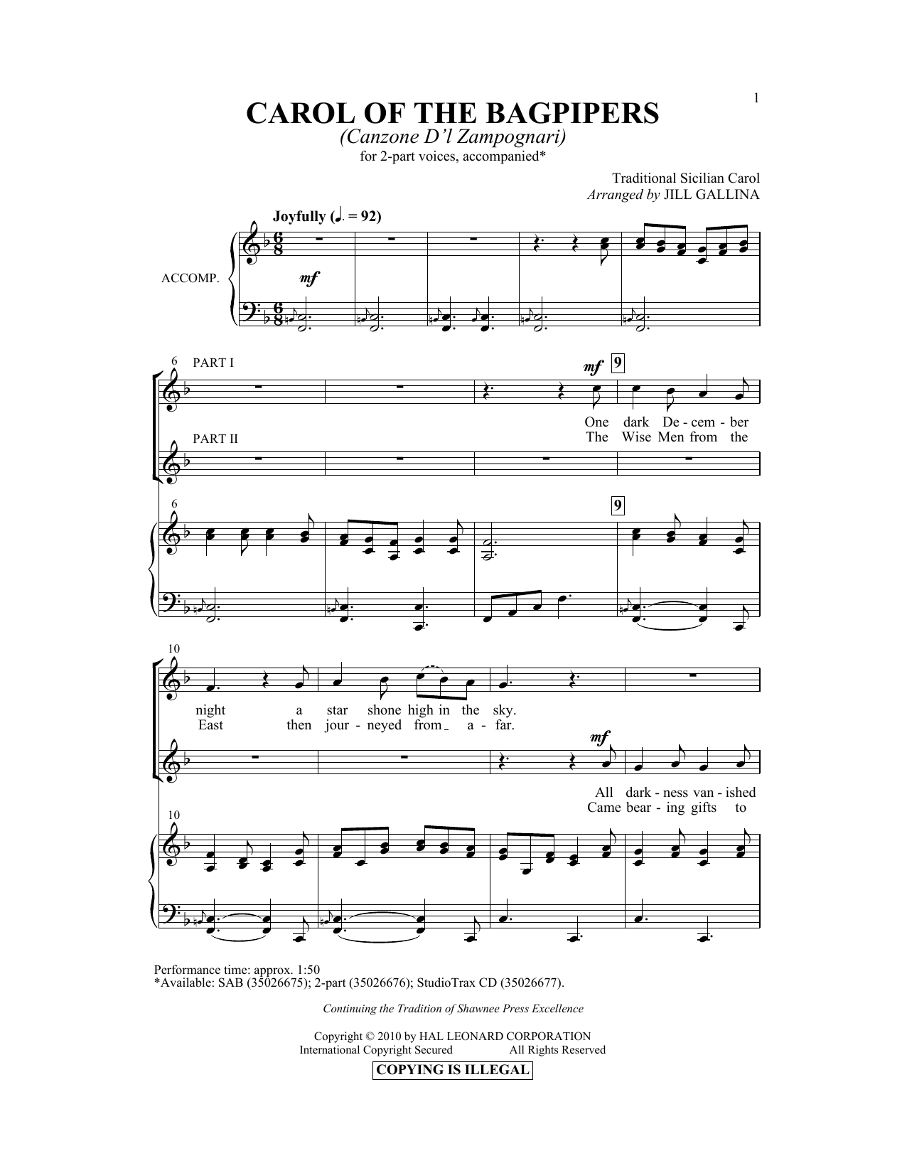Jill Gallina Carol Of The Bagpipers (Canzone D'l Zampognari) sheet music notes and chords arranged for 2-Part Choir