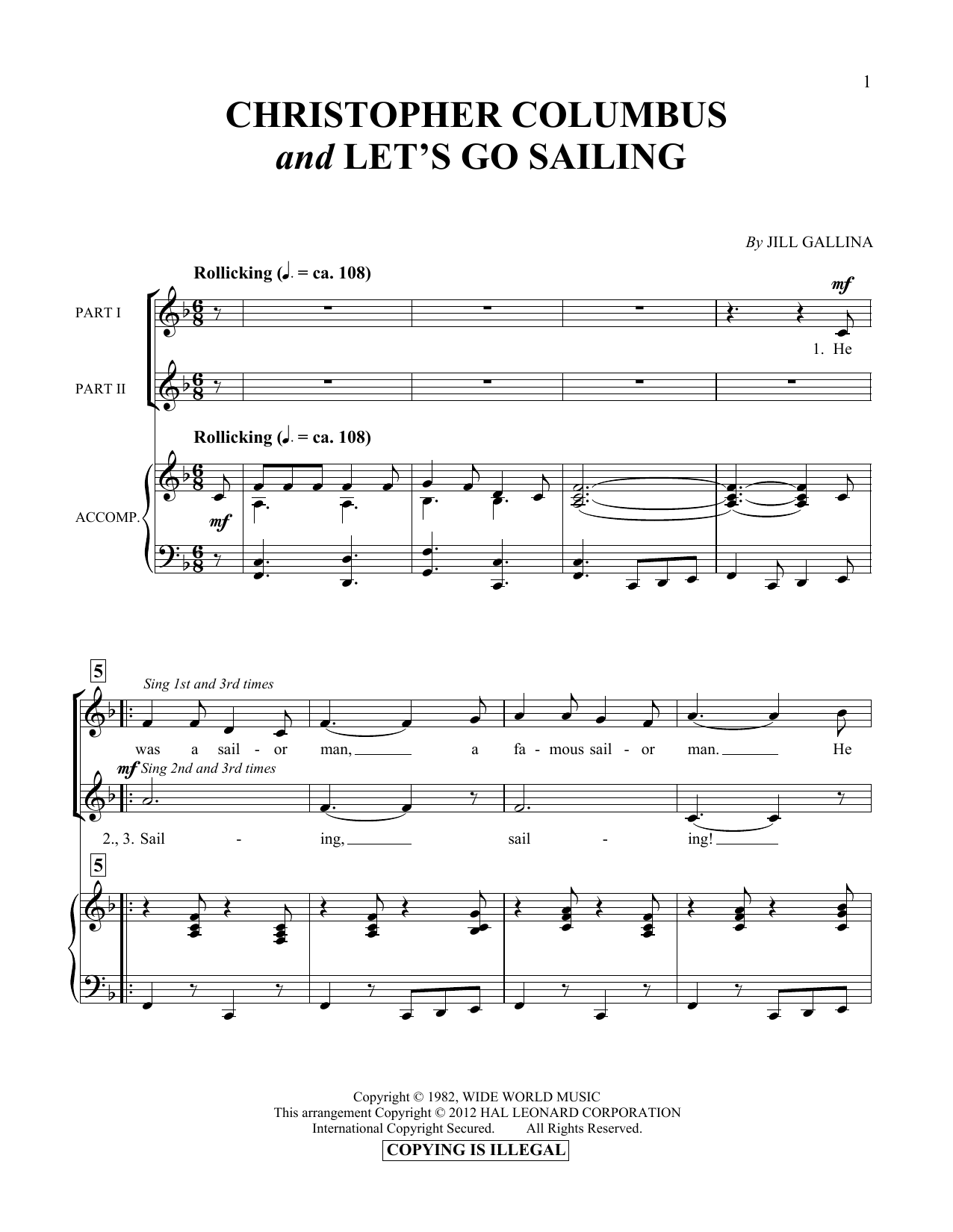 Jill Gallina Christopher Columbus & Let's Go Sailing sheet music notes and chords arranged for Vocal Duet