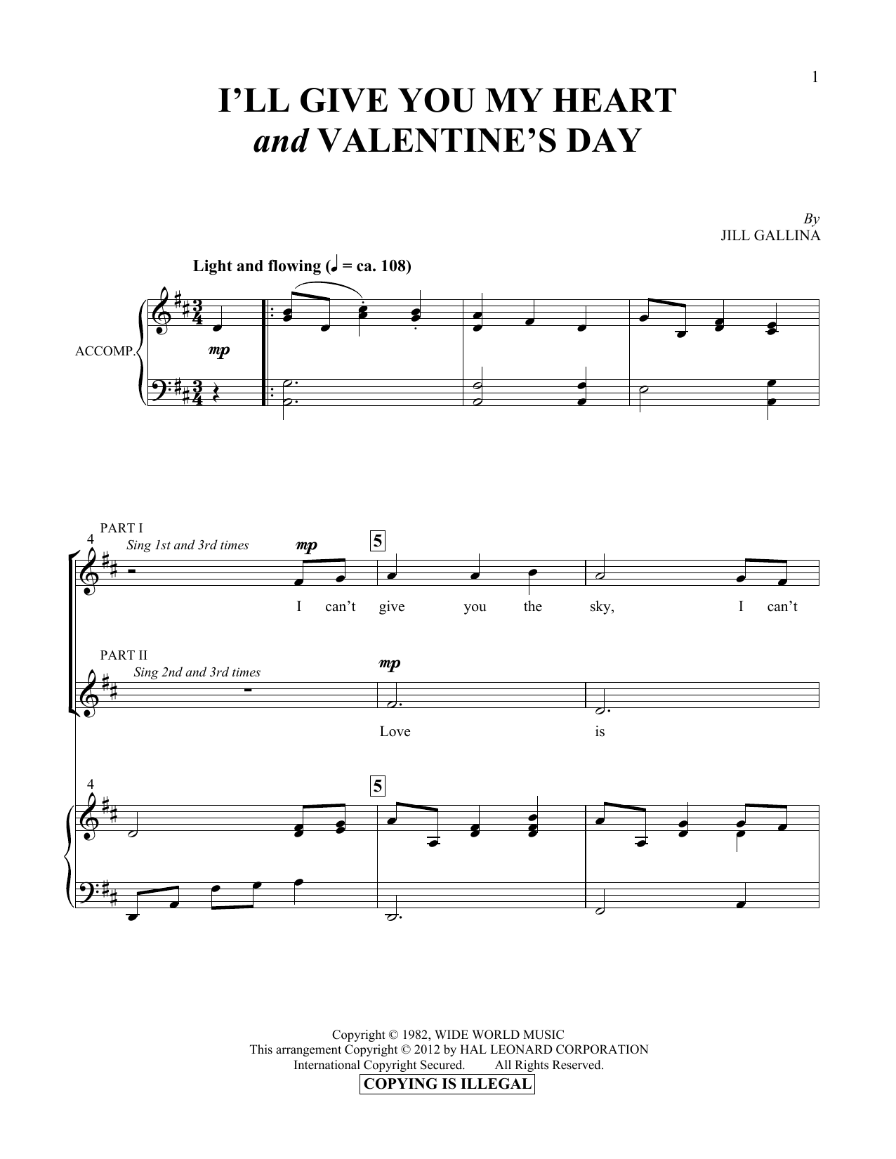 Jill Gallina I'll Give You My Heart & Valentine's Day sheet music notes and chords arranged for Vocal Duet
