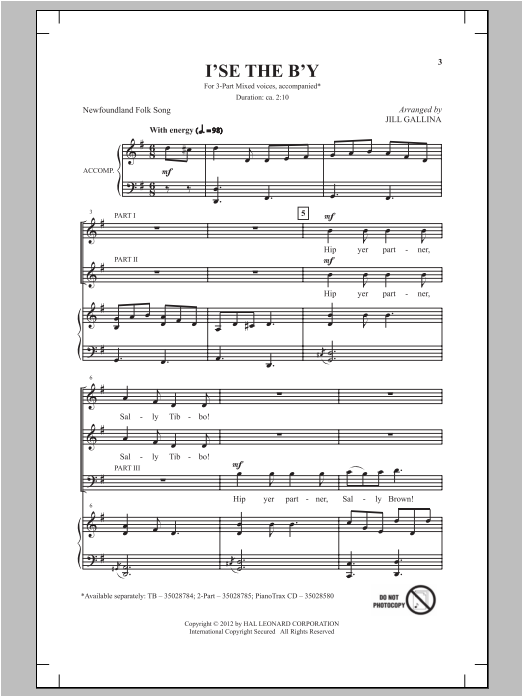 Jill Gallina I'se The B'y sheet music notes and chords arranged for 2-Part Choir