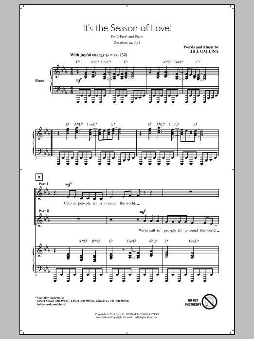 Jill Gallina It's The Season Of Love! sheet music notes and chords arranged for 2-Part Choir