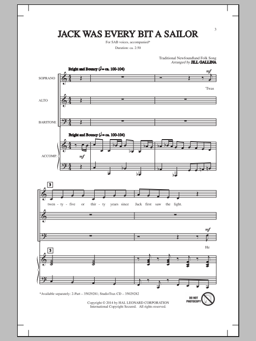 Jill Gallina Jack Was Ev'ry Inch A Sailor sheet music notes and chords arranged for SAB Choir