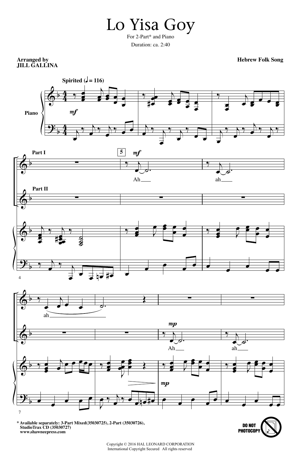 Jill Gallina Lo Yisa Goy sheet music notes and chords arranged for 2-Part Choir