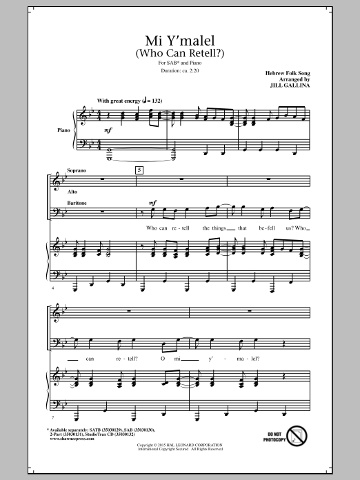 Jill Gallina Mi Y'malel (Who Can Retell?) sheet music notes and chords arranged for SATB Choir