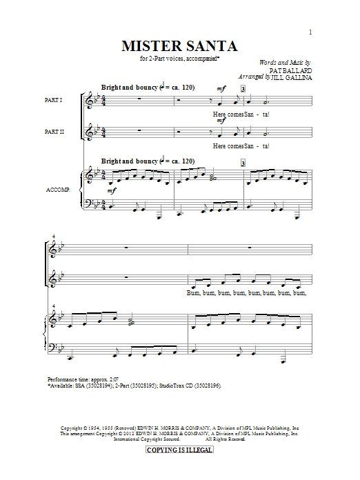 Jill Gallina Mister Santa sheet music notes and chords arranged for SSA Choir