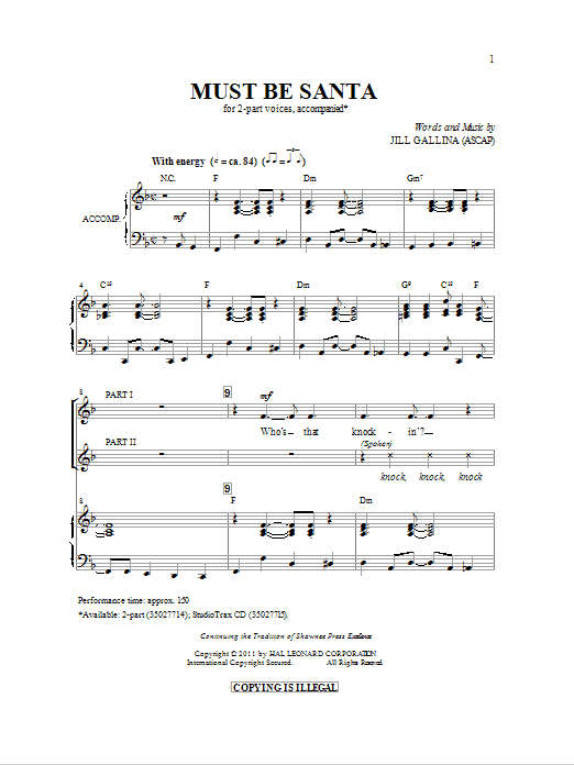 Jill Gallina Must Be Santa sheet music notes and chords arranged for 2-Part Choir