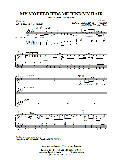 Jill Gallina My Mother Bids Me Bind My Hair sheet music notes and chords arranged for SSA Choir