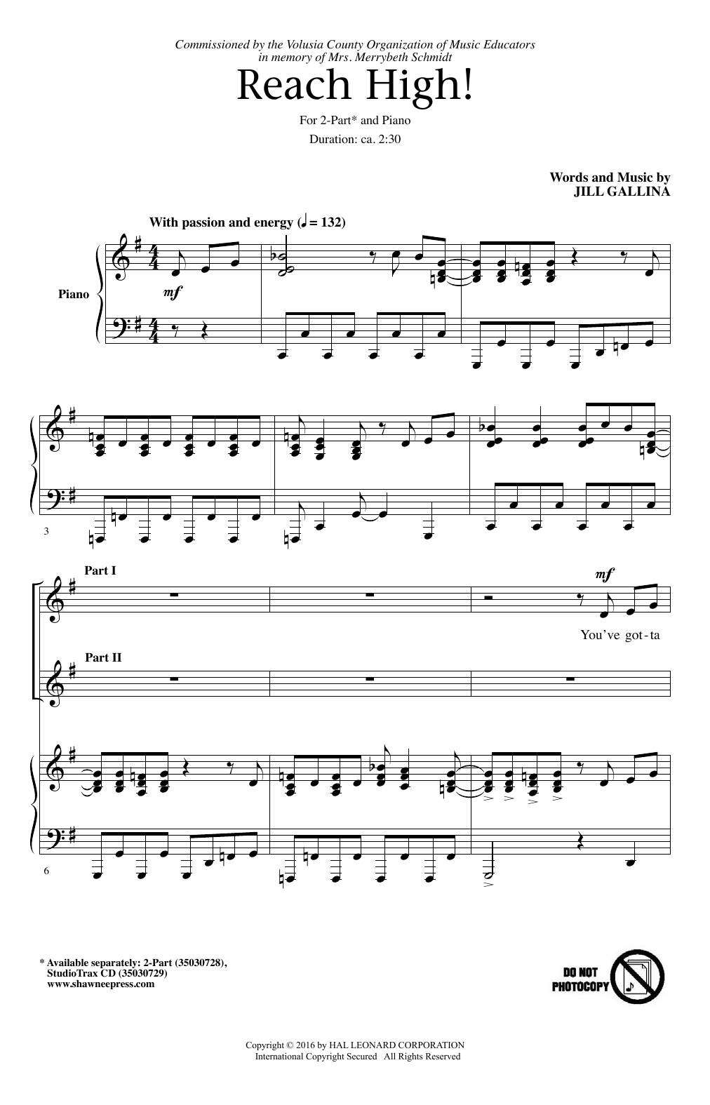 Jill Gallina Reach High! sheet music notes and chords arranged for 2-Part Choir