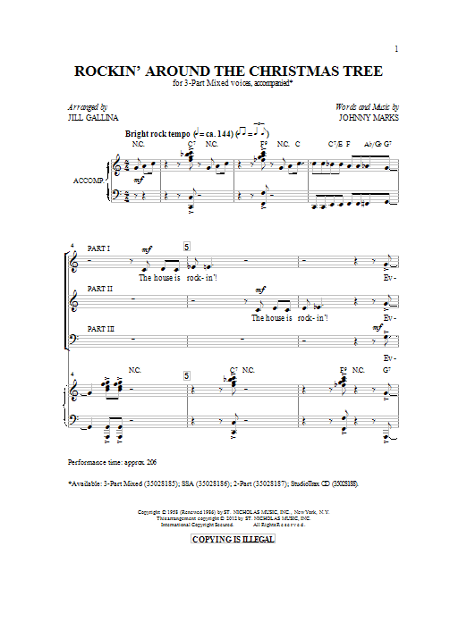 Jill Gallina Rockin' Around The Christmas Tree (arr. Jill Gallina) sheet music notes and chords arranged for 3-Part Mixed Choir
