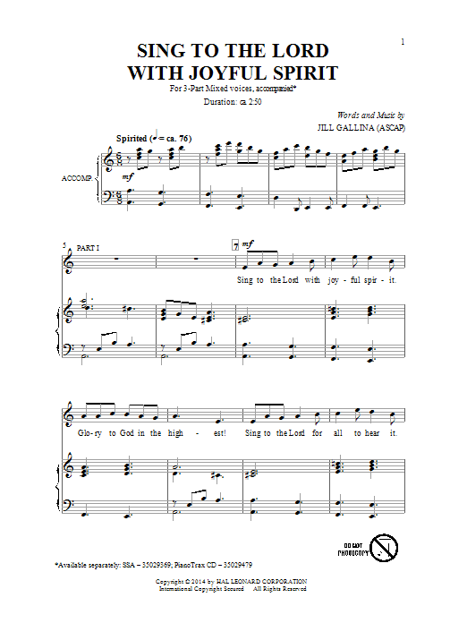 Jill Gallina Sing To The Lord With Joyful Spirit sheet music notes and chords arranged for 3-Part Mixed Choir