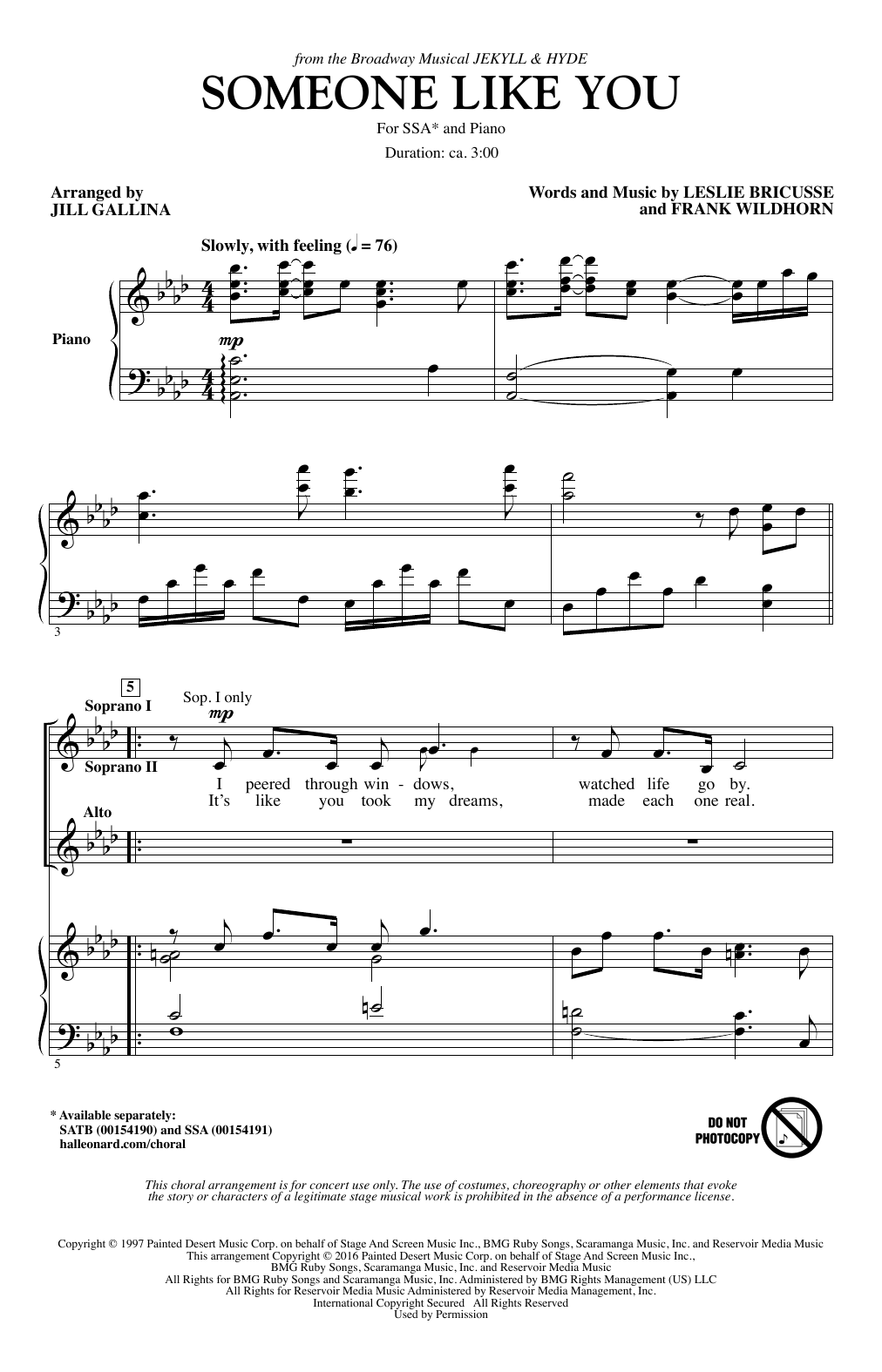 Jill Gallina Someone Like You sheet music notes and chords arranged for SSA Choir