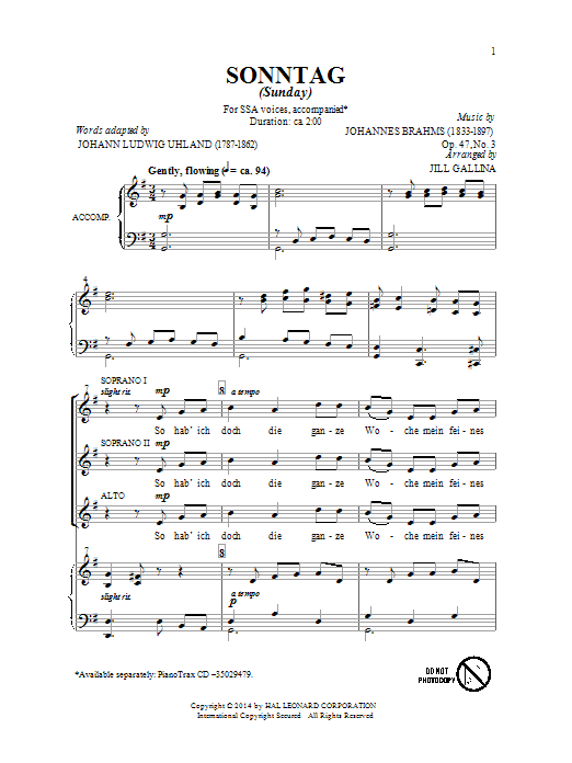 Jill Gallina Sonntag sheet music notes and chords arranged for SSA Choir