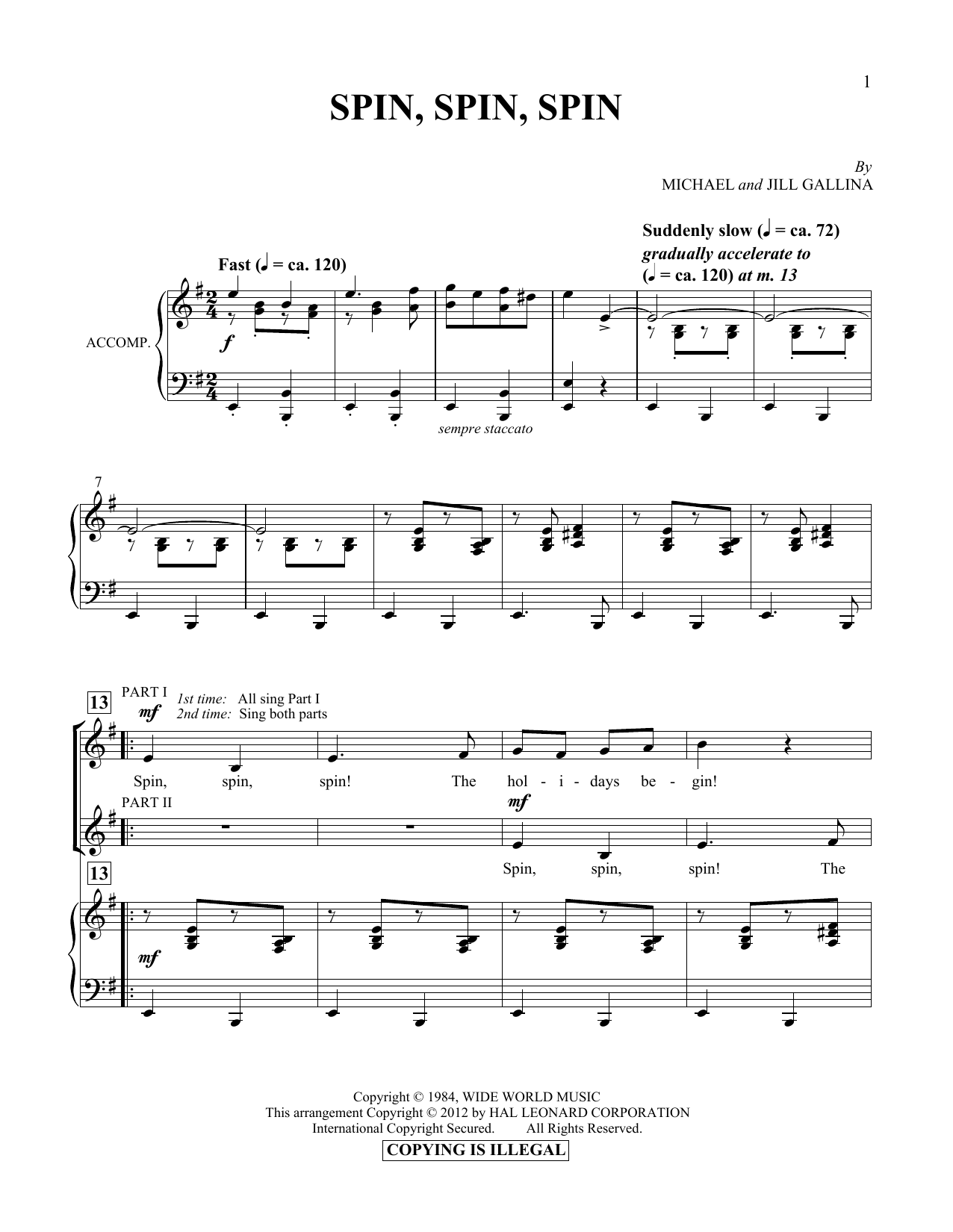 Jill Gallina Spin, Spin, Spin sheet music notes and chords arranged for Vocal Duet