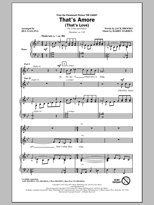 Jill Gallina That's Amoré (That's Love) (arr. Jill Gallina) sheet music notes and chords arranged for 2-Part Choir