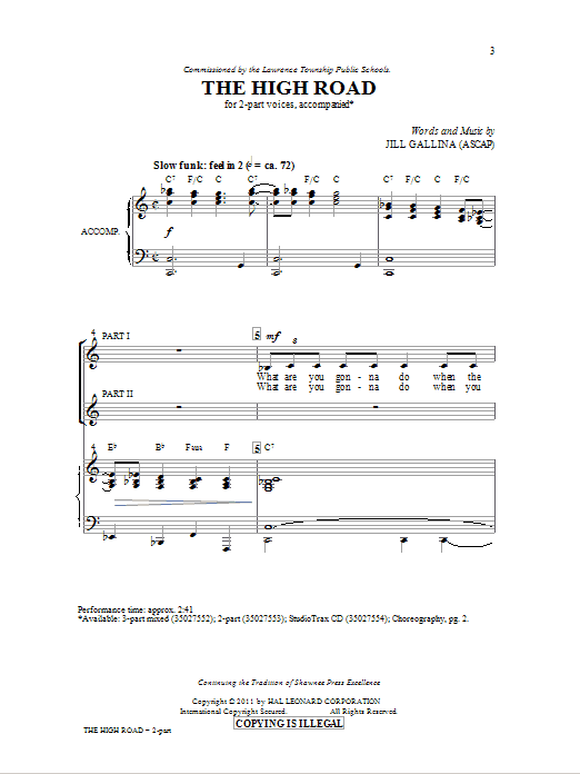 Jill Gallina The High Road sheet music notes and chords arranged for 3-Part Mixed Choir