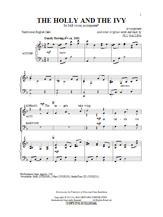 Jill Gallina The Holly And The Ivy sheet music notes and chords arranged for SAB Choir