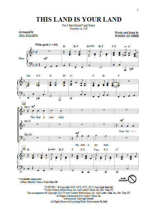 Jill Gallina This Land Is Your Land (arr. Jill Gallina) sheet music notes and chords arranged for 3-Part Mixed Choir